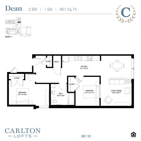 Floor plan for 2 beds, 1 bath, 961 sqft