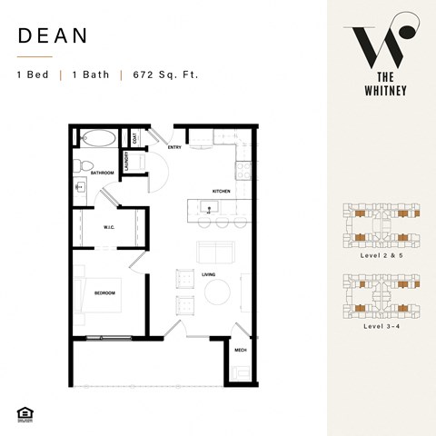 Floor plan for 1 bed, 1 bath, 652 sqft