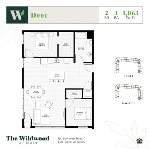 Floor plan for 2 beds, 1 bath, 1063 sqft