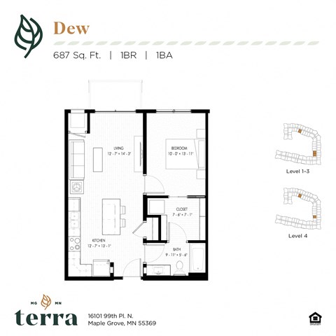 Floor plan for 1 bed, 1 bath, 687 sqft