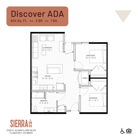 Floor plan for 2 beds, 1 bath, 824 sqft