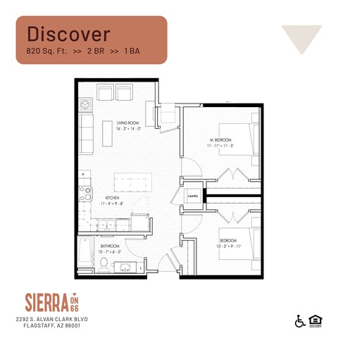 Floor plan for 2 beds, 1 bath, 820 sqft