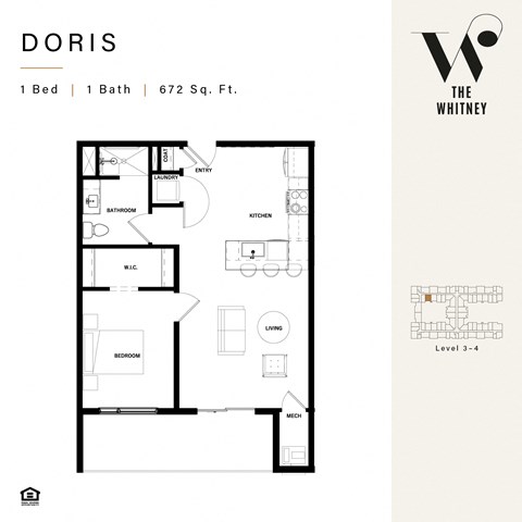 Floor plan for 1 bed, 1 bath, 652 sqft