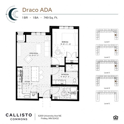 Floor plan for 1 bed, 1 bath, 749 sqft