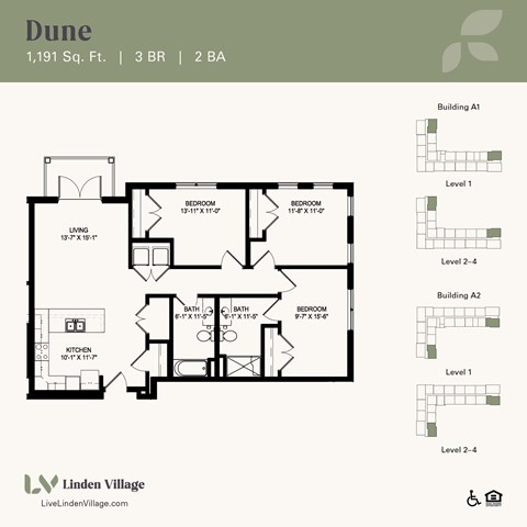 Floor plan for 3 beds, 2 baths, 1191 sqft