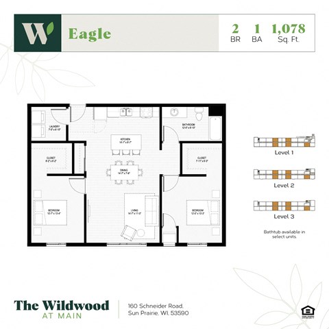Floor plan for 2 beds, 1 bath, 1078 sqft