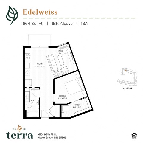 Floor plan for 1 bed, 1 bath, 664 sqft