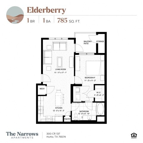 Floor plan for 1 bed, 1 bath, 785 sqft