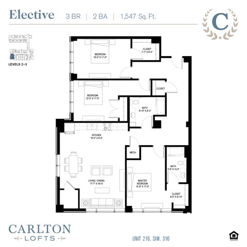Floor plan for 3 beds, 2 baths, 1545 sqft