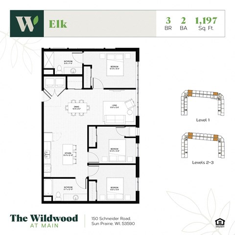 Floor plan for 3 beds, 2 baths, 1265 sqft