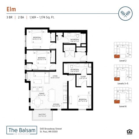 Floor plan for 3 beds, 2 baths, 1174 sqft