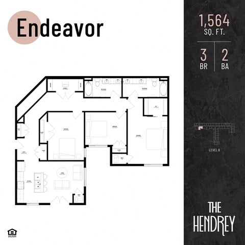 Floor plan for 3 beds, 2 baths, 1564 sqft