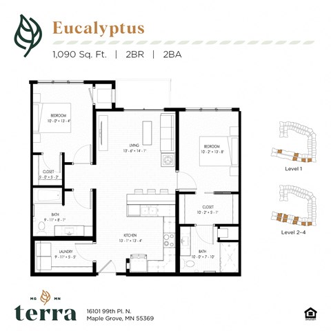 Floor plan for 2 beds, 2 baths, 1098 sqft