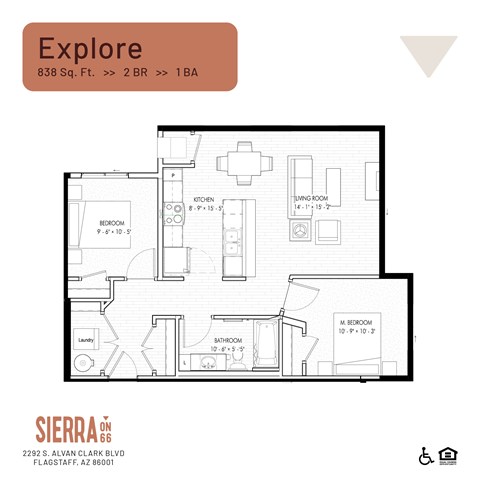 Floor plan for 2 beds, 1 bath, 838 sqft