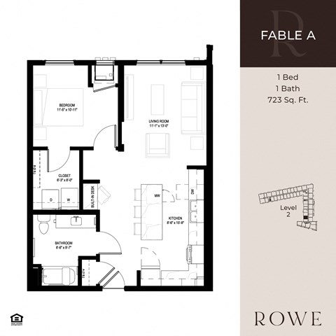 Floor plan for 1 bed, 1 bath, 723 sqft