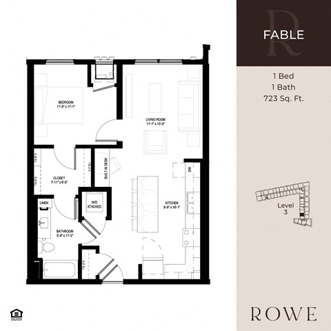 Floor plan for 1 bed, 1 bath, 723 sqft