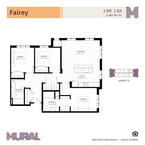 Floor plan for 3 beds, 2 baths, 1202 sqft
