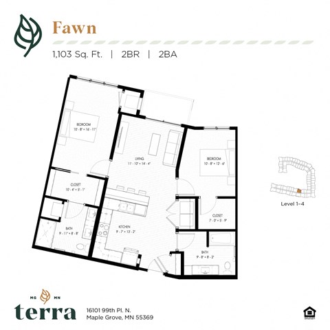 Floor plan for 2 beds, 2 baths, 1103 sqft