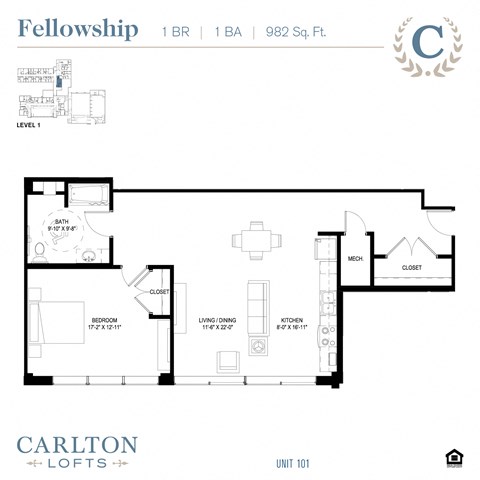 Floor plan for 1 bed, 1 bath, 724 sqft