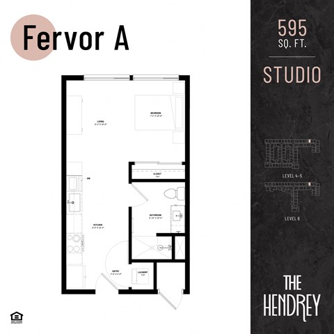 Floor plan for studio, 1 bath, 595 sqft