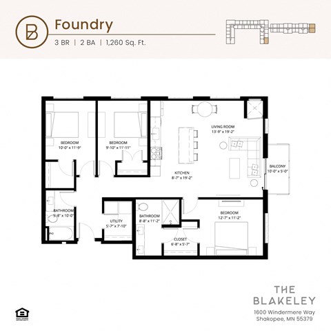 Floor plan for 3 beds, 2 baths, 1260 sqft