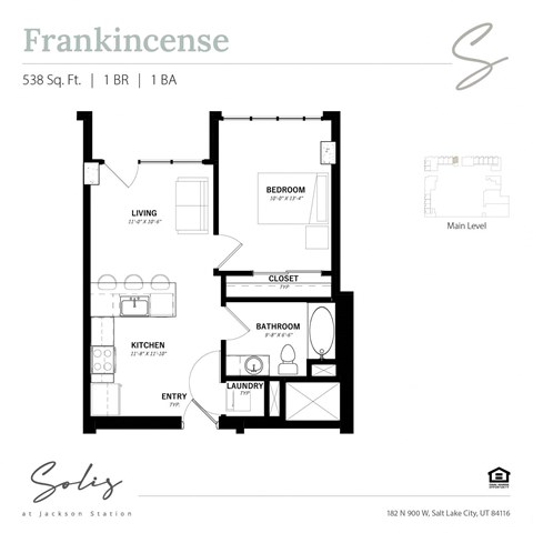 Floor plan for 1 bed, 1 bath, 538 sqft