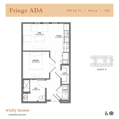 Floor plan for studio, 1 bath, 598 sqft