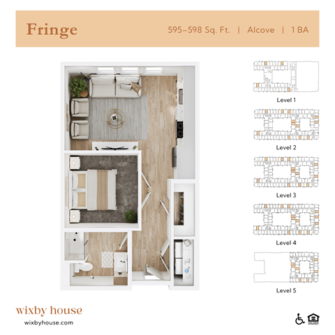 Floor plan for studio, 1 bath, 598 sqft