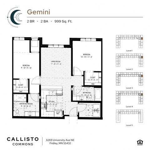 Floor plan for 2 beds, 2 baths, 999 sqft