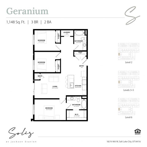 Floor plan for 3 beds, 2 baths, 1148 sqft