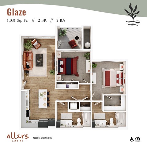 Floor plan for 2 beds, 2 baths, 1031 sqft