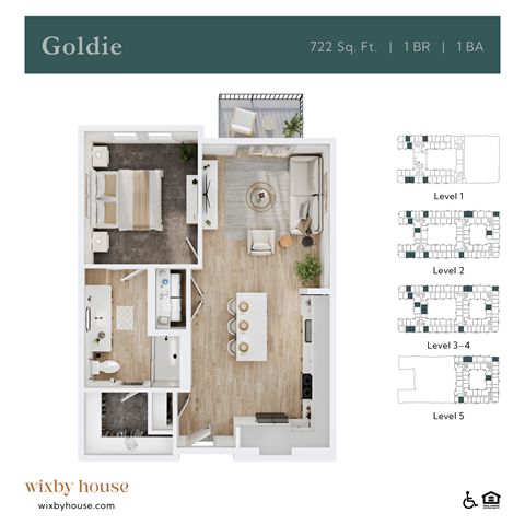 Floor plan for 1 bed, 1 bath, 722 sqft