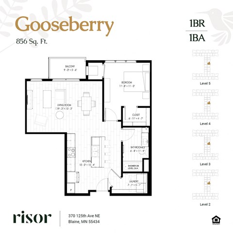 Floor plan for 1 bed, 1 bath, 856 sqft