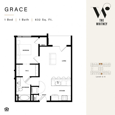 Floor plan for 1 bed, 1 bath, 592 sqft