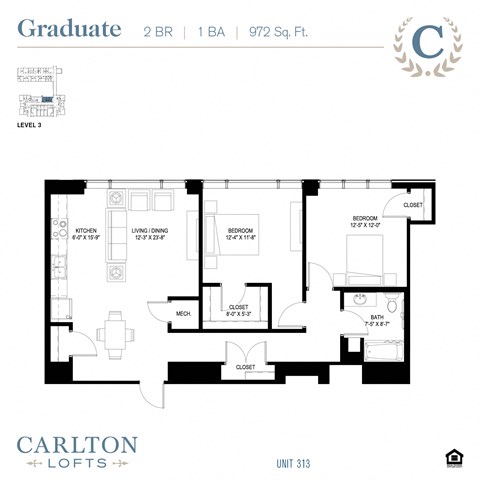 Floor plan for 2 beds, 1 bath, 972 sqft