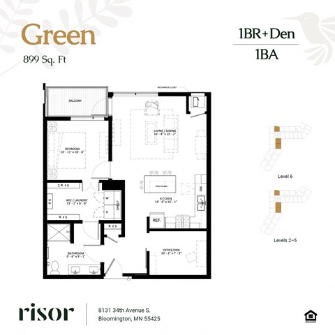 Floor plan for 1 bed, 1 bath, 899 sqft