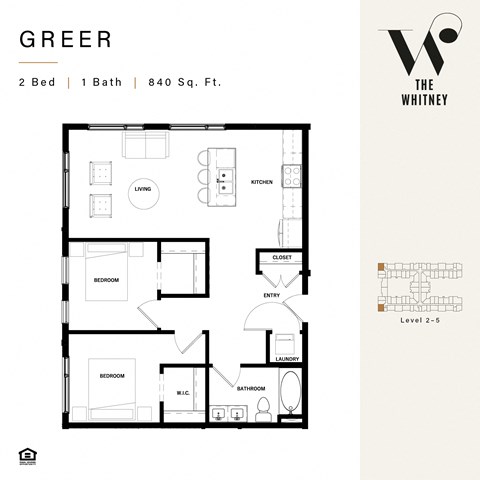 Floor plan for 2 beds, 1 bath, 788 sqft