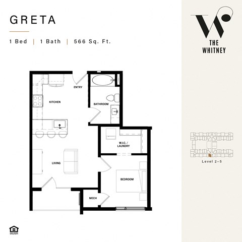 Floor plan for 1 bed, 1 bath, 570 sqft