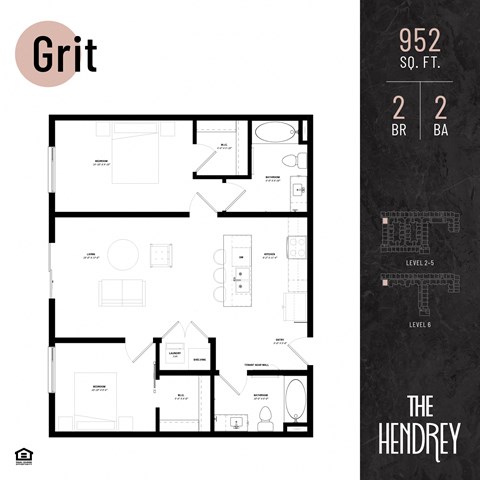 Floor plan for 2 beds, 2 baths, 952 sqft