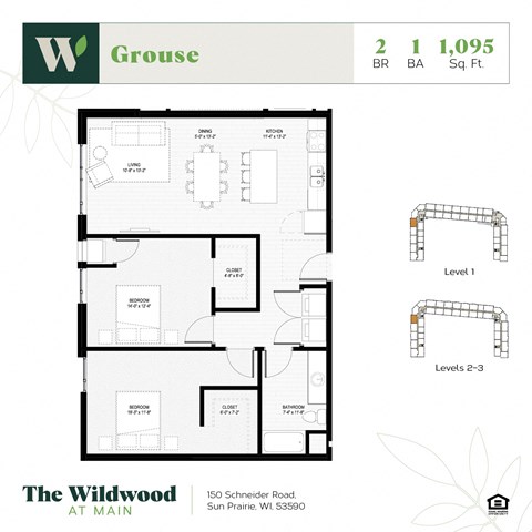 Floor plan for 2 beds, 1 bath, 1095 sqft