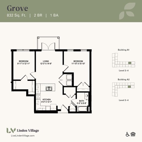 Floor plan for 2 beds, 1 bath, 832 sqft