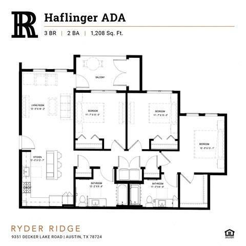 Floor plan for 3 beds, 2 baths, 1208 sqft