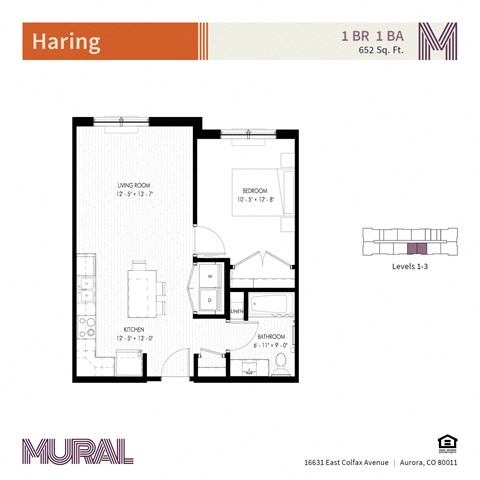 Floor plan for 1 bed, 1 bath, 652 sqft