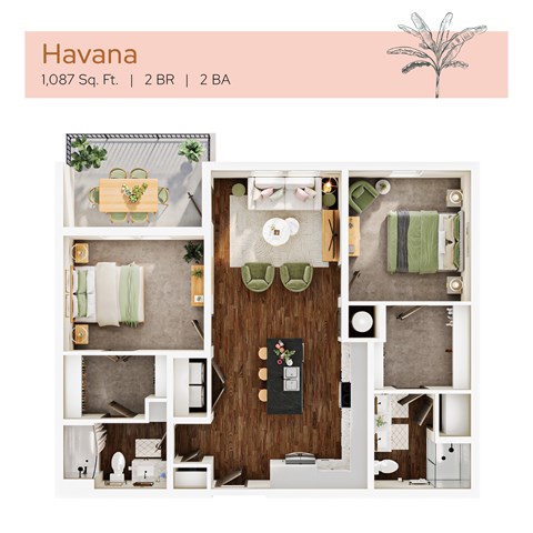 Floor plan for 2 beds, 2 baths, 1087 sqft