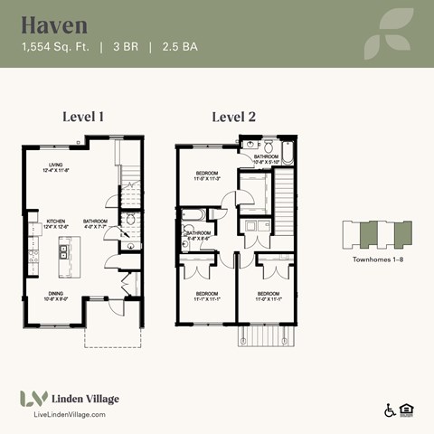 Floor plan for 3 beds, 2.5 baths, 1554 sqft