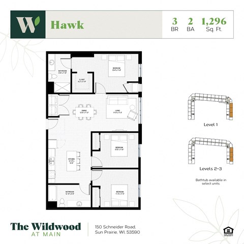 Floor plan for 3 beds, 2 baths, 1314 sqft