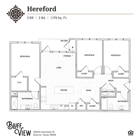 Floor plan for 3 beds, 2 baths, 1179 sqft