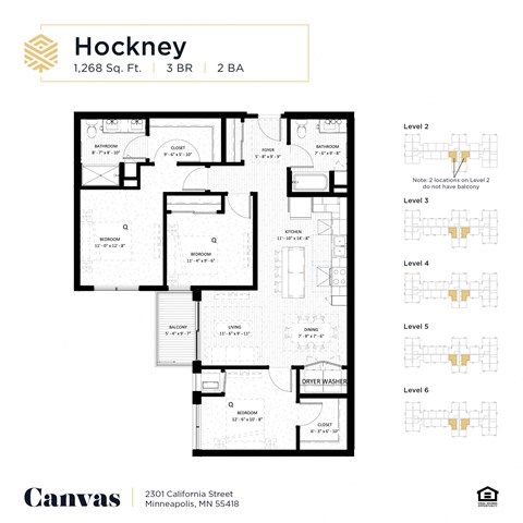 Floor plan for 3 beds, 2 baths, 1268 sqft