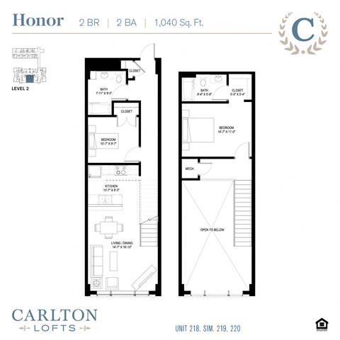 Floor plan for 2 beds, 2 baths, 1026 sqft