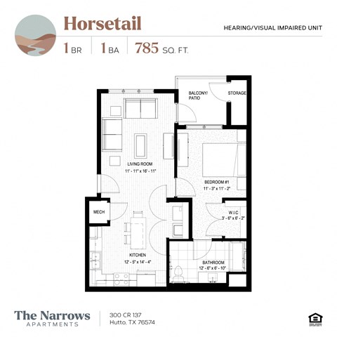 Floor plan for 1 bed, 1 bath, 785 sqft